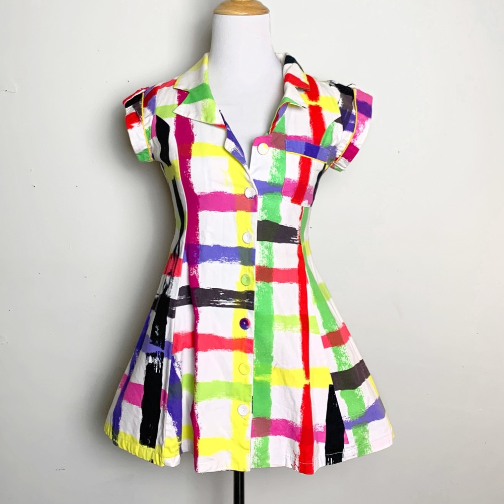 Joyrich XS Mini Dress Plaid Collared Button Up Colorful Art Print